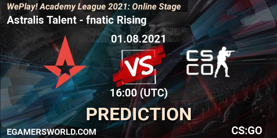 Prognose für das Spiel Astralis Talent VS fnatic Rising. 01.08.2021 at 15:00. Counter-Strike (CS2) - WePlay Academy League Season 1: Online Stage