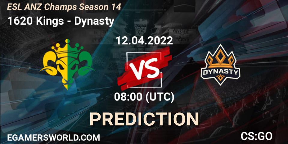 Prognose für das Spiel 1620 Kings VS Dynasty. 12.04.2022 at 08:00. Counter-Strike (CS2) - ESL ANZ Champs Season 14