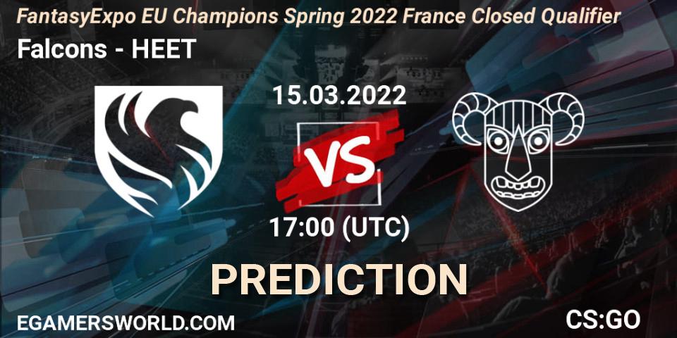 Prognose für das Spiel Falcons VS HEET. 15.03.2022 at 17:05. Counter-Strike (CS2) - FantasyExpo EU Champions Spring 2022 France Closed Qualifier