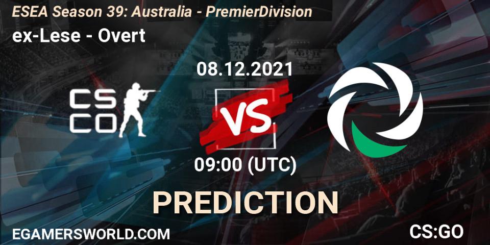 Prognose für das Spiel ex-Lese VS Overt. 08.12.2021 at 09:00. Counter-Strike (CS2) - ESEA Season 39: Australia - Premier Division