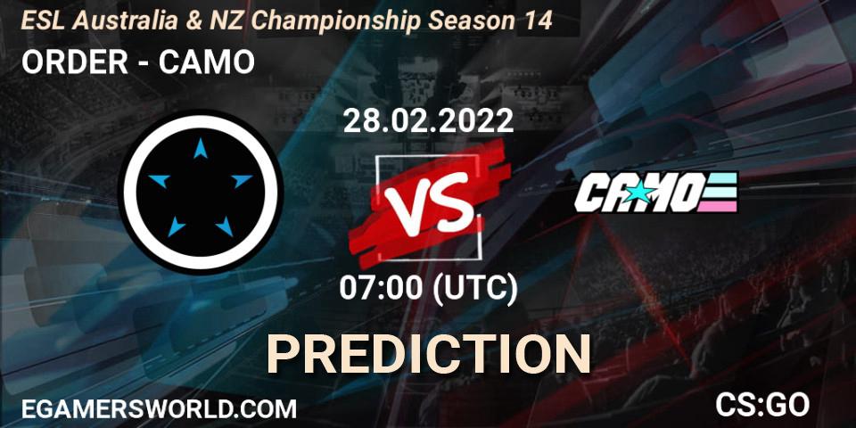 Prognose für das Spiel ORDER VS CAMO. 28.02.2022 at 07:00. Counter-Strike (CS2) - ESL Australia & NZ Championship Season 14
