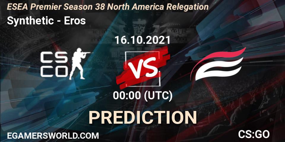 Prognose für das Spiel Synthetic VS Eros. 16.10.2021 at 00:00. Counter-Strike (CS2) - ESEA Premier Season 38 North America Relegation