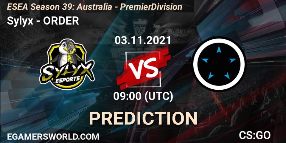 Prognose für das Spiel Sylyx VS ORDER. 03.11.2021 at 09:00. Counter-Strike (CS2) - ESEA Season 39: Australia - Premier Division