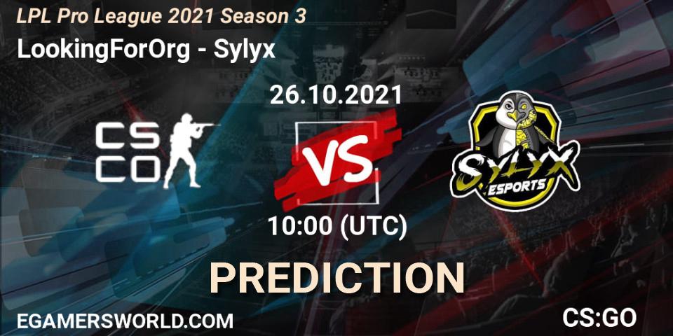 Prognose für das Spiel LookingForOrg VS Sylyx. 26.10.2021 at 10:10. Counter-Strike (CS2) - LPL Pro League 2021 Season 3