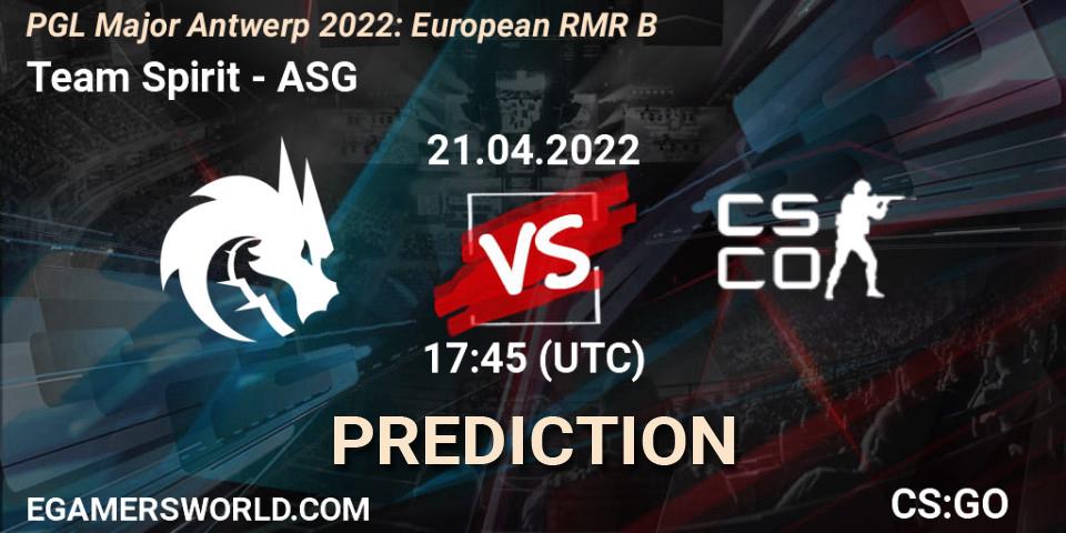 Prognose für das Spiel Team Spirit VS ASG. 21.04.2022 at 17:40. Counter-Strike (CS2) - PGL Major Antwerp 2022: European RMR B
