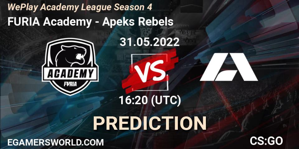 Prognose für das Spiel FURIA Academy VS Apeks Rebels. 31.05.2022 at 16:10. Counter-Strike (CS2) - WePlay Academy League Season 4