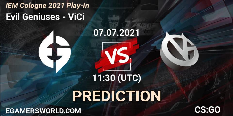 Prognose für das Spiel Evil Geniuses VS ViCi. 07.07.2021 at 11:30. Counter-Strike (CS2) - IEM Cologne 2021 Play-In