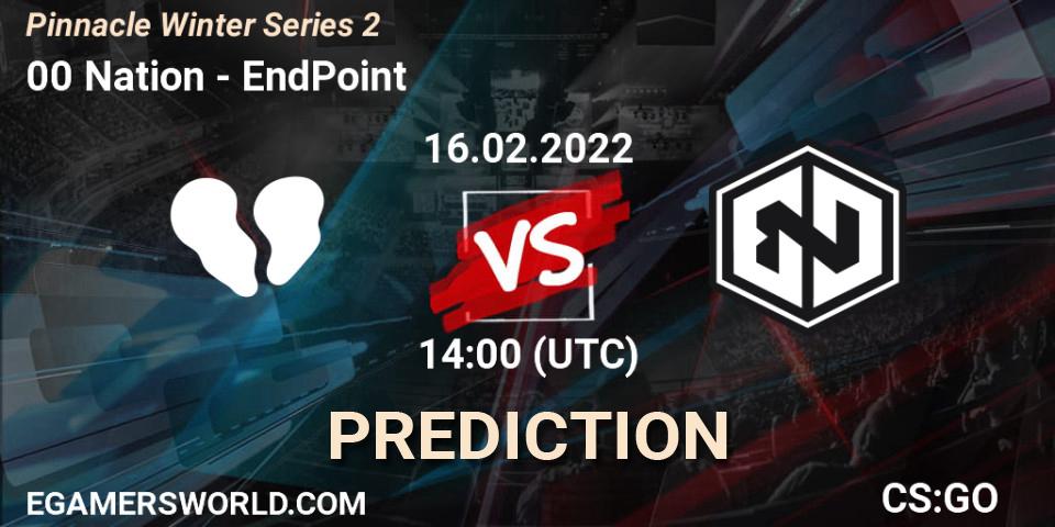 Prognose für das Spiel 00 Nation VS EndPoint. 16.02.2022 at 15:05. Counter-Strike (CS2) - Pinnacle Winter Series 2