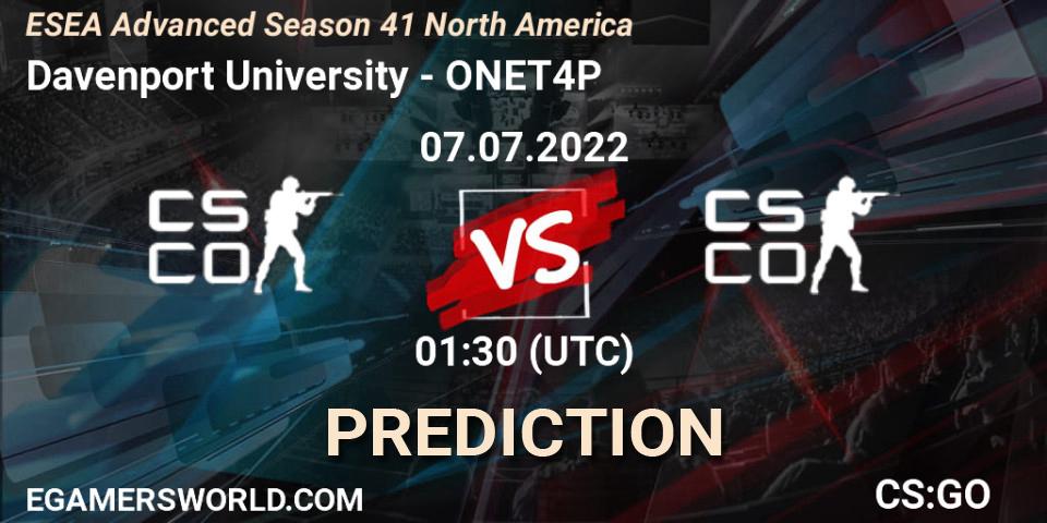 Prognose für das Spiel Davenport University VS ONET4P. 07.07.2022 at 01:00. Counter-Strike (CS2) - ESEA Advanced Season 41 North America