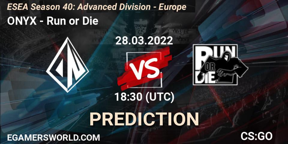 Prognose für das Spiel ONYX VS Run or Die. 29.03.2022 at 17:00. Counter-Strike (CS2) - ESEA Season 40: Advanced Division - Europe