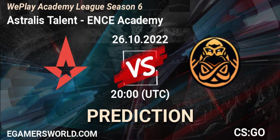 Prognose für das Spiel Astralis Talent VS ENCE Academy. 26.10.2022 at 20:35. Counter-Strike (CS2) - WePlay Academy League Season 6