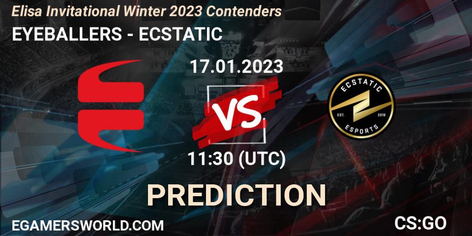Prognose für das Spiel EYEBALLERS VS ECSTATIC. 17.01.2023 at 11:30. Counter-Strike (CS2) - Elisa Invitational Winter 2023 Contenders
