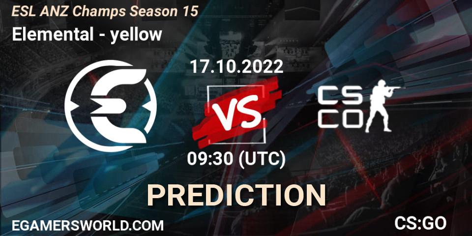 Prognose für das Spiel Elemental VS yellow. 17.10.2022 at 09:30. Counter-Strike (CS2) - ESL ANZ Champs Season 15