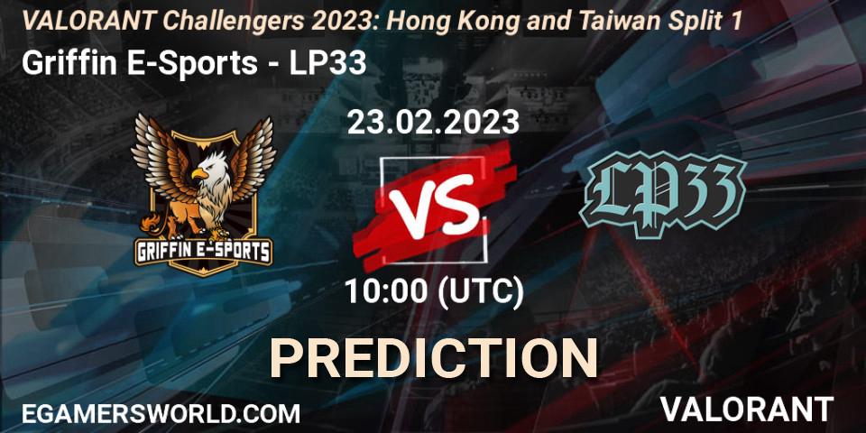 Prognose für das Spiel Griffin E-Sports VS LP33. 23.02.2023 at 10:00. VALORANT - VALORANT Challengers 2023: Hong Kong and Taiwan Split 1