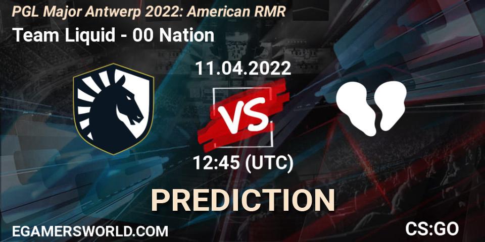 Prognose für das Spiel Team Liquid VS 00 Nation. 11.04.2022 at 13:40. Counter-Strike (CS2) - PGL Major Antwerp 2022: American RMR