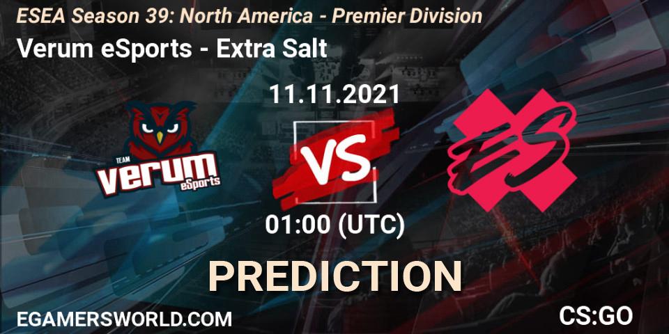 Prognose für das Spiel Verum eSports VS Extra Salt. 11.11.2021 at 01:00. Counter-Strike (CS2) - ESEA Season 39: North America - Premier Division