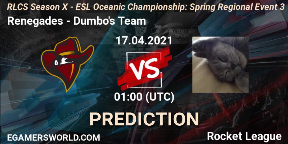 Prognose für das Spiel Renegades VS Dumbo's Team. 17.04.2021 at 01:00. Rocket League - RLCS Season X - ESL Oceanic Championship: Spring Regional Event 3