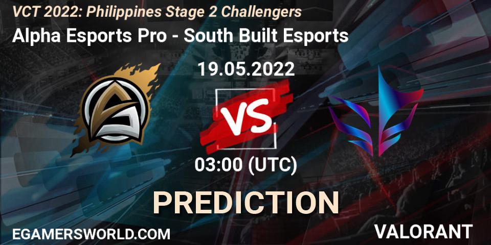 Prognose für das Spiel Alpha Esports Pro VS South Built Esports. 19.05.2022 at 03:00. VALORANT - VCT 2022: Philippines Stage 2 Challengers