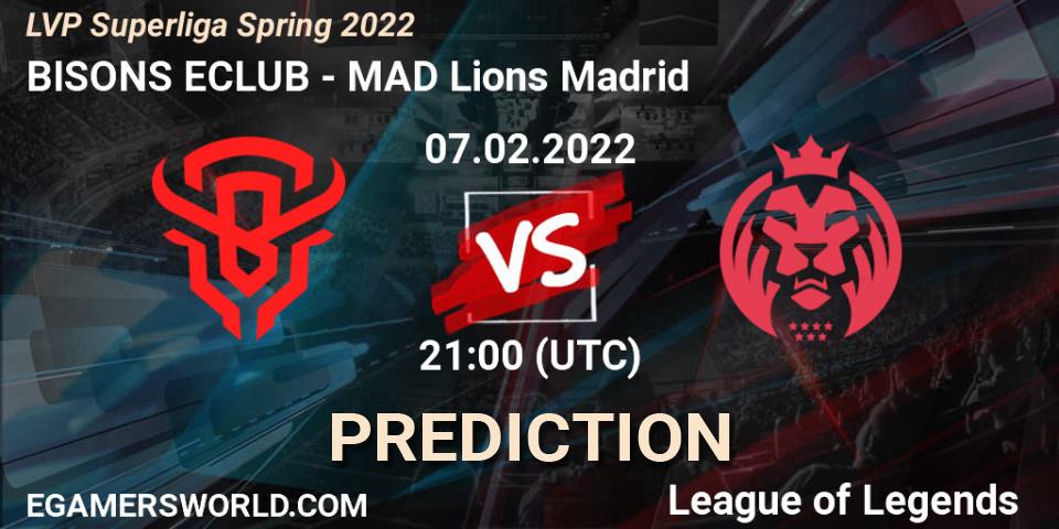 Prognose für das Spiel BISONS ECLUB VS MAD Lions Madrid. 07.02.2022 at 18:00. LoL - LVP Superliga Spring 2022