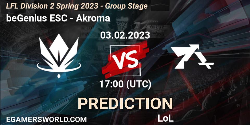 Prognose für das Spiel beGenius ESC VS Akroma. 03.02.2023 at 17:00. LoL - LFL Division 2 Spring 2023 - Group Stage