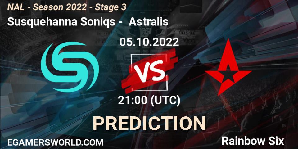 Prognose für das Spiel Susquehanna Soniqs VS Astralis. 05.10.2022 at 21:00. Rainbow Six - NAL - Season 2022 - Stage 3