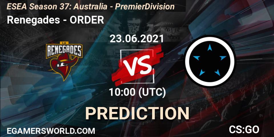 Prognose für das Spiel Renegades VS ORDER. 23.06.2021 at 10:00. Counter-Strike (CS2) - ESEA Season 37: Australia - Premier Division
