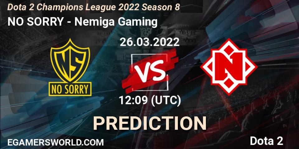 Prognose für das Spiel NO SORRY VS Nemiga Gaming. 26.03.2022 at 12:09. Dota 2 - Dota 2 Champions League 2022 Season 8