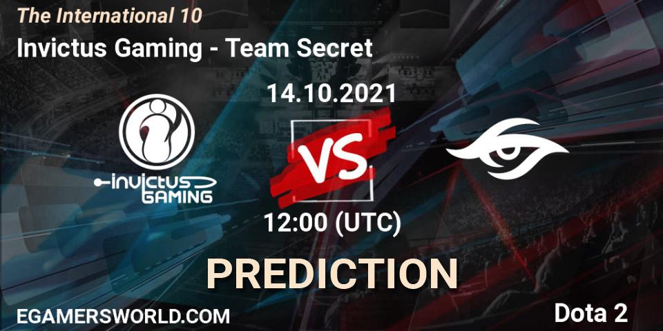 Prognose für das Spiel Invictus Gaming VS Team Secret. 14.10.2021 at 14:53. Dota 2 - The Internationa 2021