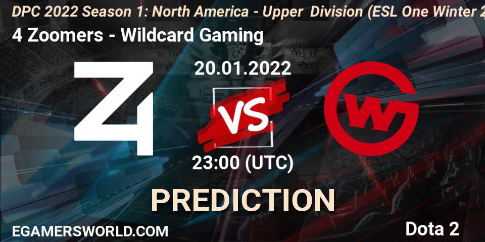 Prognose für das Spiel 4 Zoomers VS Wildcard Gaming. 20.01.2022 at 22:55. Dota 2 - DPC 2022 Season 1: North America - Upper Division (ESL One Winter 2021)