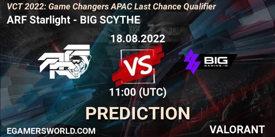 Prognose für das Spiel ARF Starlight VS BIG SCYTHE. 18.08.2022 at 13:30. VALORANT - VCT 2022: Game Changers APAC Last Chance Qualifier