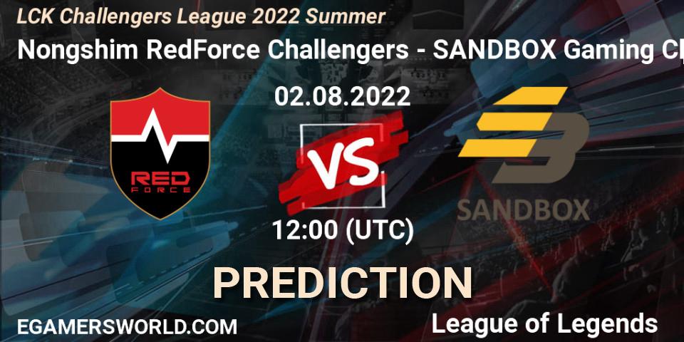 Prognose für das Spiel Nongshim RedForce Challengers VS SANDBOX Gaming Challengers. 02.08.2022 at 12:00. LoL - LCK Challengers League 2022 Summer