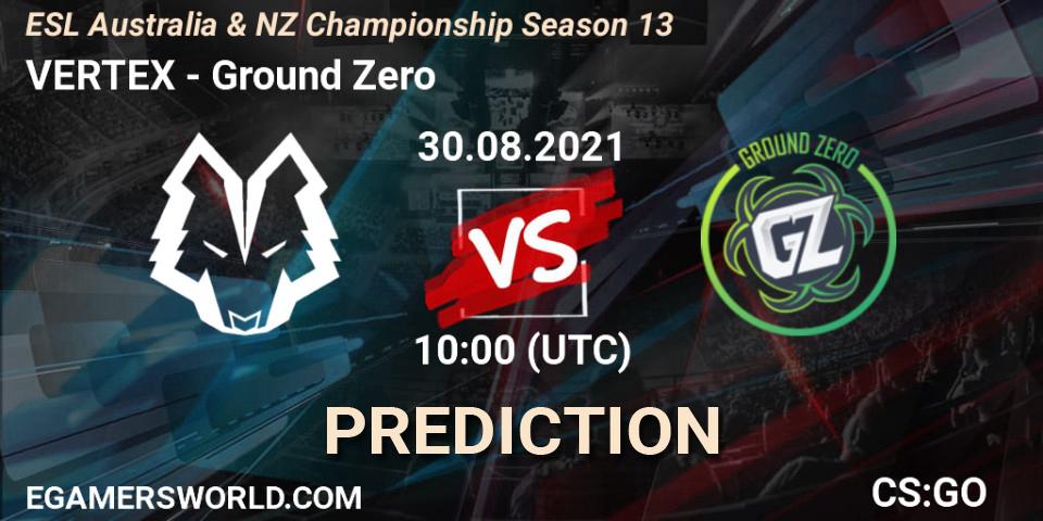 Prognose für das Spiel VERTEX VS Ground Zero. 30.08.2021 at 10:25. Counter-Strike (CS2) - ESL Australia & NZ Championship Season 13