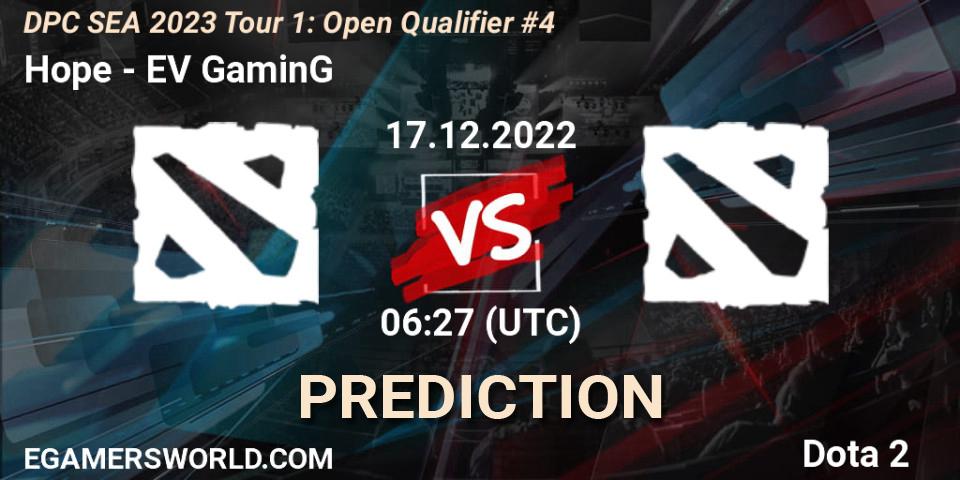 Prognose für das Spiel Hope VS EV GaminG. 17.12.22. Dota 2 - DPC SEA 2023 Tour 1: Open Qualifier #4