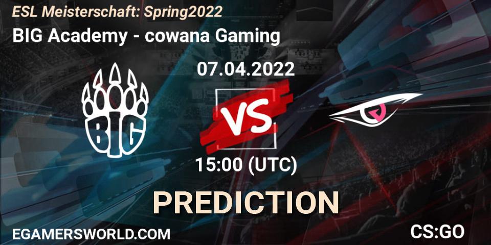 Prognose für das Spiel BIG Academy VS cowana Gaming. 07.04.2022 at 15:00. Counter-Strike (CS2) - ESL Meisterschaft: Spring 2022