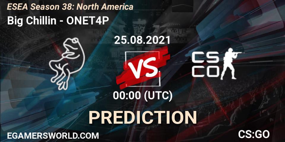 Prognose für das Spiel Big Chillin VS ONET4P. 25.08.2021 at 00:00. Counter-Strike (CS2) - ESEA Season 38: North America 