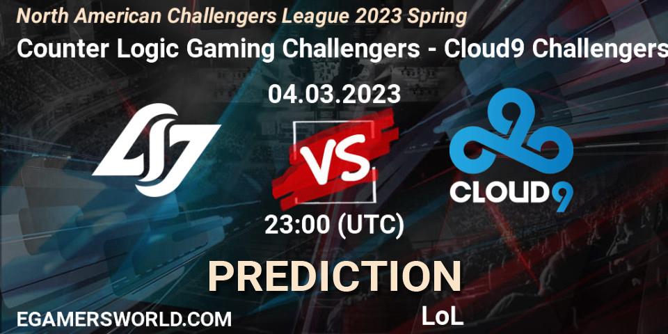 Prognose für das Spiel Counter Logic Gaming Challengers VS Cloud9 Challengers. 04.03.23. LoL - NACL 2023 Spring - Group Stage