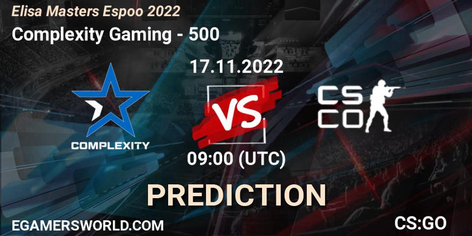 Prognose für das Spiel Complexity Gaming VS 500. 17.11.2022 at 09:00. Counter-Strike (CS2) - Elisa Masters Espoo 2022