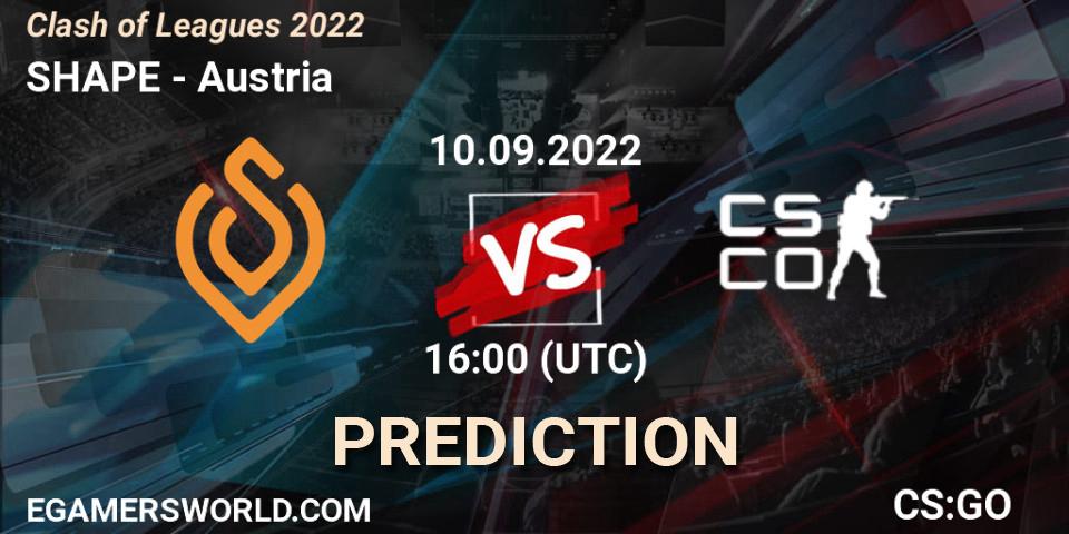 Prognose für das Spiel SHAPE VS Austria. 10.09.2022 at 16:00. Counter-Strike (CS2) - Clash of Leagues 2022