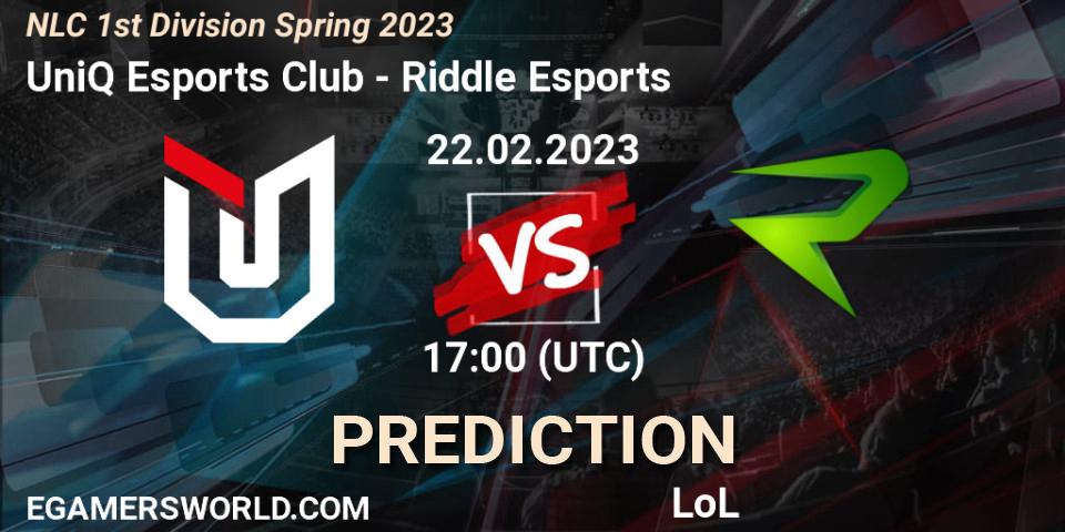Prognose für das Spiel UniQ Esports Club VS Riddle Esports. 22.02.2023 at 17:00. LoL - NLC 1st Division Spring 2023