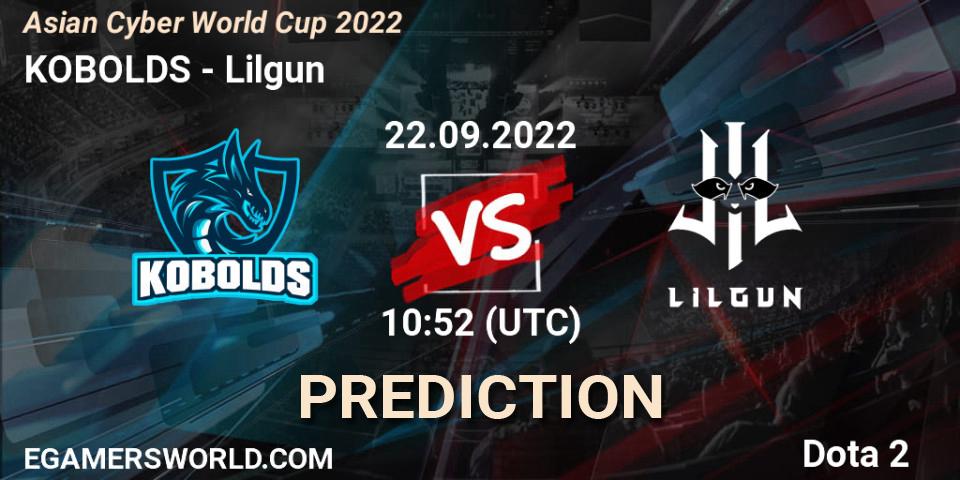 Prognose für das Spiel KOBOLDS VS Lilgun. 22.09.2022 at 10:52. Dota 2 - Asian Cyber World Cup 2022
