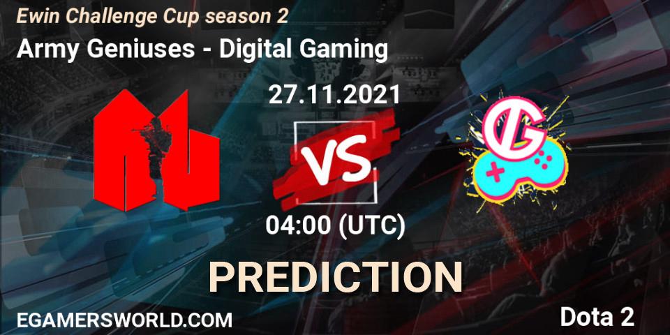 Prognose für das Spiel Army Geniuses VS Digital Gaming. 27.11.2021 at 04:13. Dota 2 - Ewin Challenge Cup season 2