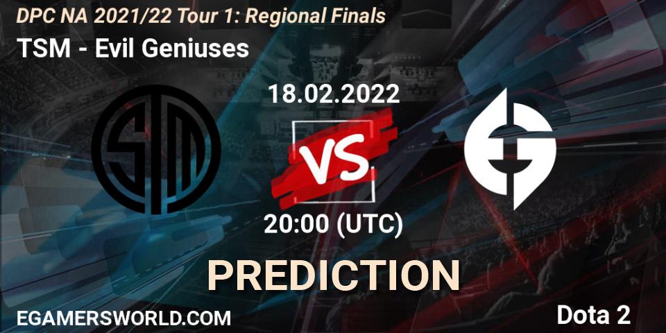 Prognose für das Spiel TSM VS Evil Geniuses. 18.02.2022 at 22:56. Dota 2 - DPC NA 2021/22 Tour 1: Regional Finals