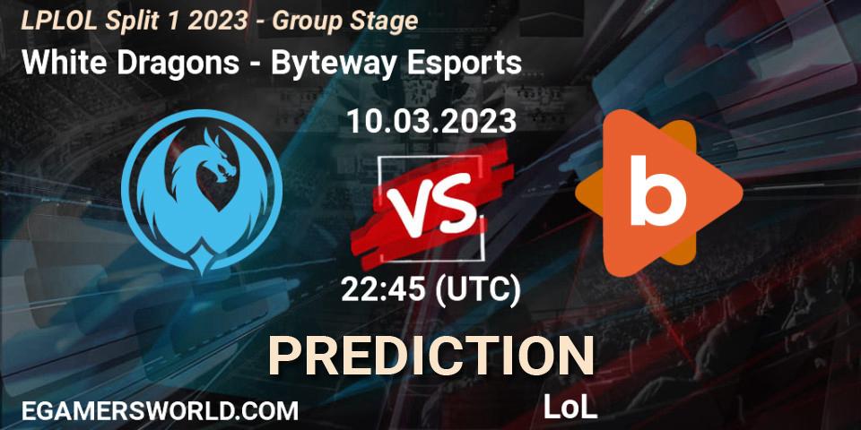 Prognose für das Spiel White Dragons VS Byteway Esports. 10.03.2023 at 22:45. LoL - LPLOL Split 1 2023 - Group Stage