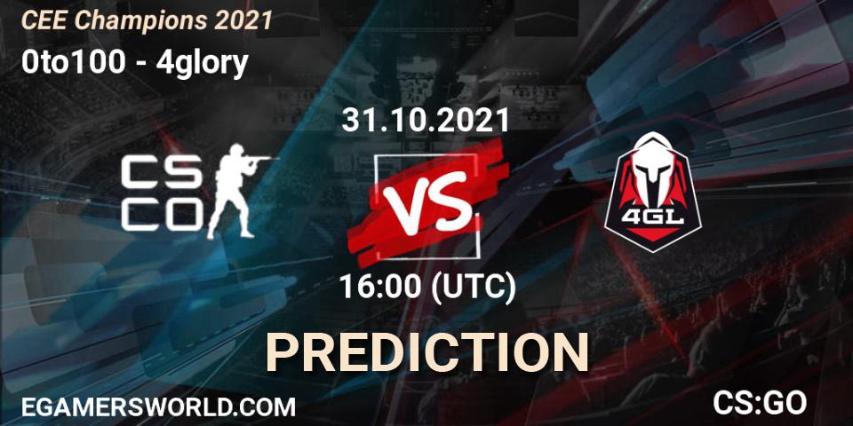 Prognose für das Spiel 0to100 VS 4glory. 31.10.2021 at 16:00. Counter-Strike (CS2) - CEE Champions 2021