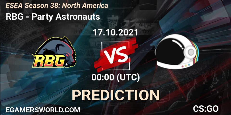 Prognose für das Spiel RBG VS Party Astronauts. 17.10.2021 at 00:00. Counter-Strike (CS2) - ESEA Season 38: North America 