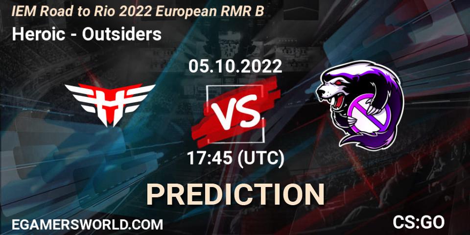 Prognose für das Spiel Heroic VS Outsiders. 05.10.2022 at 17:45. Counter-Strike (CS2) - IEM Road to Rio 2022 European RMR B