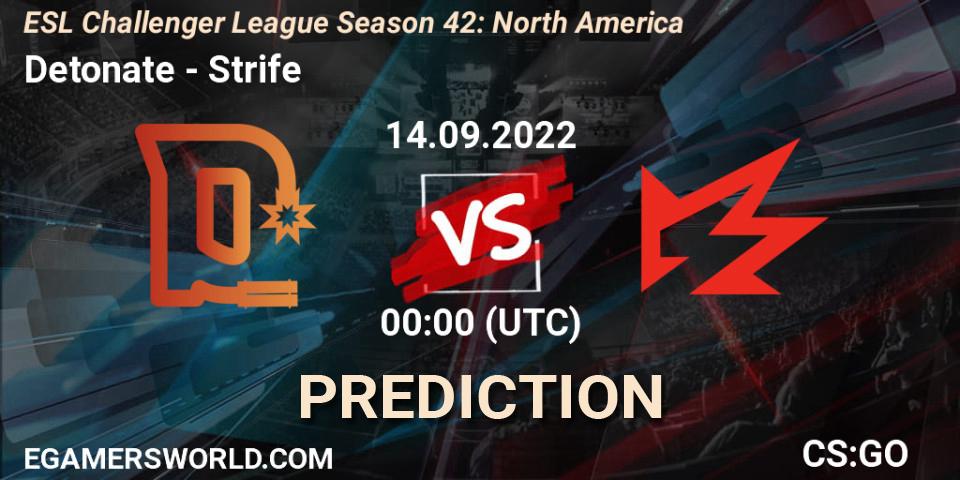 Prognose für das Spiel Detonate VS Strife. 14.09.2022 at 00:00. Counter-Strike (CS2) - ESL Challenger League Season 42: North America