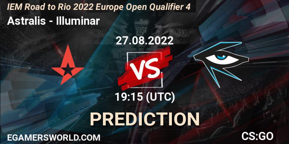 Prognose für das Spiel Astralis VS Illuminar. 27.08.2022 at 19:15. Counter-Strike (CS2) - IEM Road to Rio 2022 Europe Open Qualifier 4
