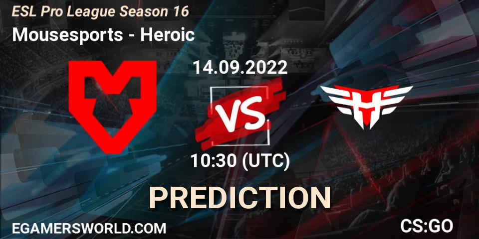 Prognose für das Spiel MOUZ VS Heroic. 14.09.2022 at 10:30. Counter-Strike (CS2) - ESL Pro League Season 16