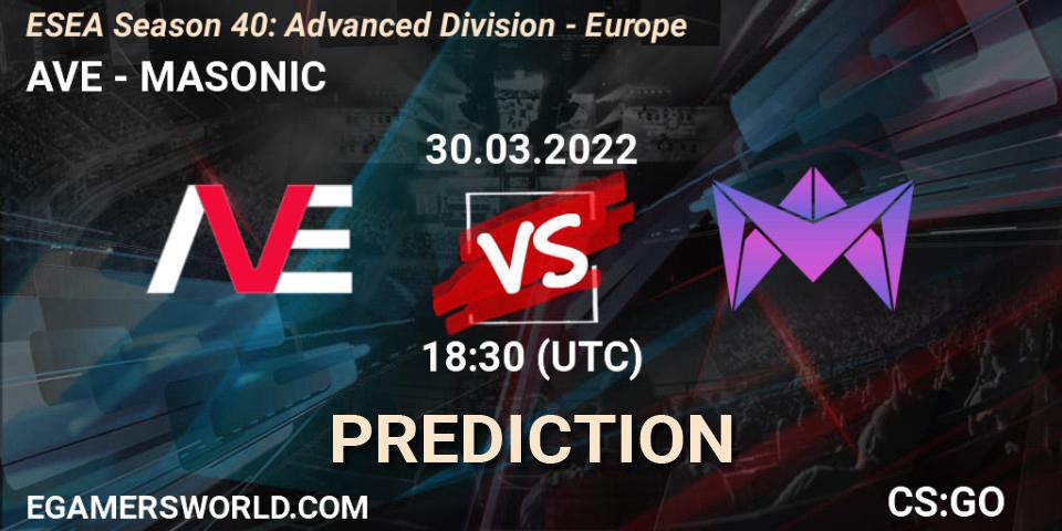 Prognose für das Spiel AVE VS MASONIC. 30.03.2022 at 17:00. Counter-Strike (CS2) - ESEA Season 40: Advanced Division - Europe